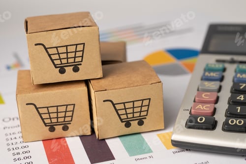 Preview: Boxs with shopping cart logo on white background, Banking Account, Investment Analytic research data