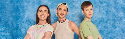 Preview: Overjoyed young homosexual community looking at camera together while celebrating lgbt pride month
