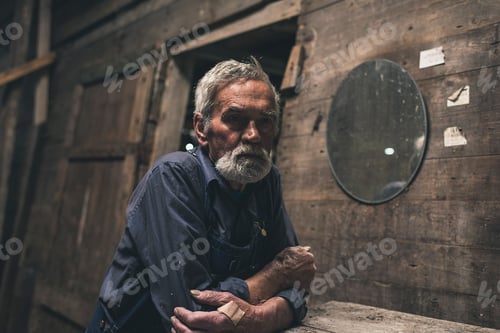 Preview: Lonely Farmer Sitting Inside An Old Rustic Wooden Barn Or House At An Old Weathered Table With A