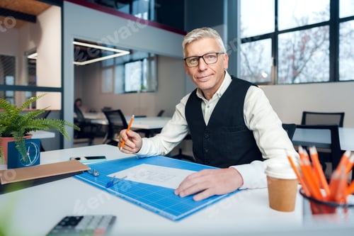 Preview: Mature man working on architectural project in office