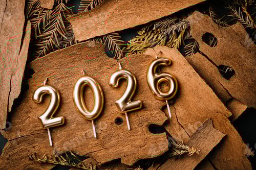 Visualização: Velas douradas de 2026 apoiadas em madeira rústica e vegetação para celebração