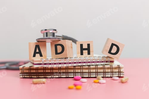 Preview: Abbreviation of ADHD on wood cube block on note book with Stethoscope and pills on pink table.