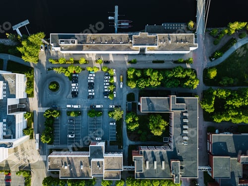 Preview: Aerial view of city buildings with car parking. University of Jyvaskyla in Finland