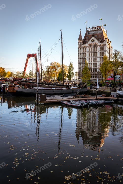 Preview: Rotterdam Skyline Reflected in Canal during Golden Hour