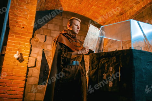 Preview: Traveler solving ancient map in the temple dungeon