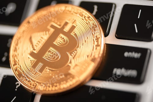 Preview: Closeup of golden bitcoin as main virtual currency placed on laptop keyboard