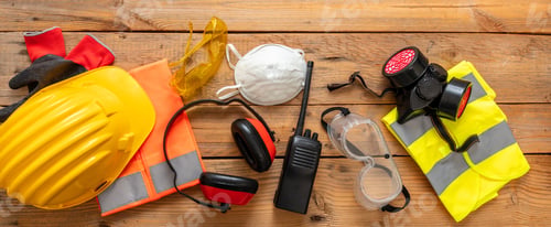 Preview: Work health and safety flat lay. Labor personal protective gear for industry and construction site.