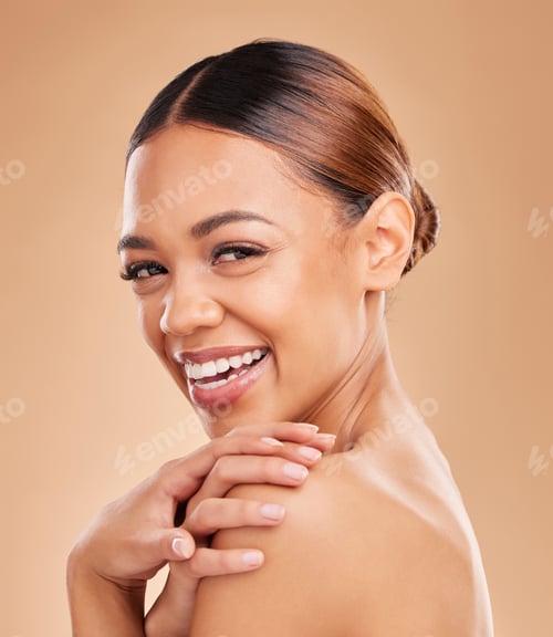 Preview: Beauty, face and portrait of woman smile in studio for skincare with dermatology, cosmetics or make