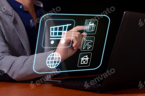Preview: Man making a purchase of products in a virtual store from his laptop. Stores and virtual commerce.
