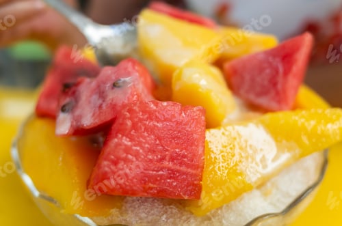 Preview: Fruit Shaved Ice With Watermelon And Mango On A Plate