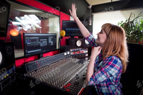Preview: Sound recording studio mixing desk, sound engineer or music producer working at new song