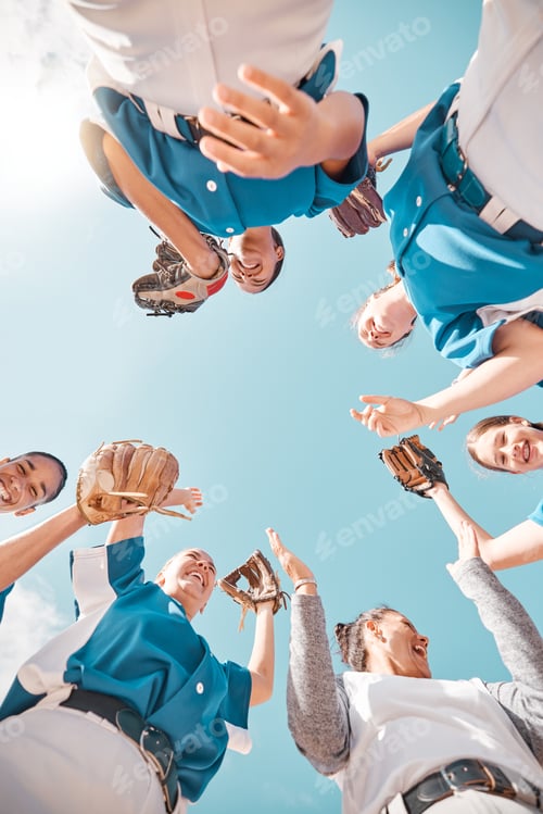 Preview: Baseball coach, women team in a motivation, support and strategy meeting for the game at a stadium.