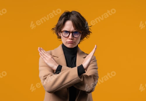 Preview: No, never, BusinessWoman rejecting gesture stop crossing hands. Ban, timeout.