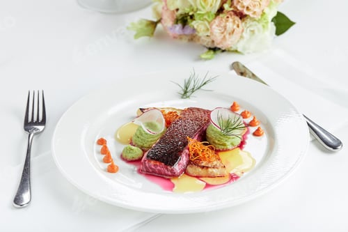 Preview: Tender dorado fillet with vegetables and basil. Banquet festive dishes. Gourmet restaurant menu