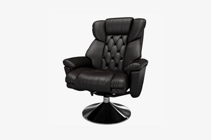 Preview: Black leather recliner with tufted backrest and metal swivel base