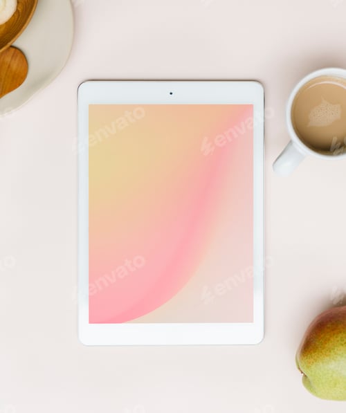 Preview: Tablet mockup on a pink table flatlay
