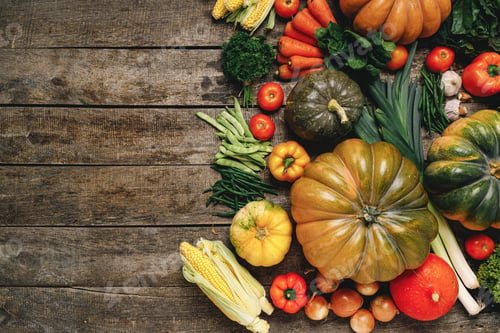 Preview: Beautiful arrengament of autumn vegetables on wooden table