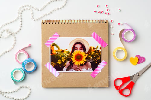Preview: Crafting a personalized scrapbook page with a vibrant sunflower and decorative elements