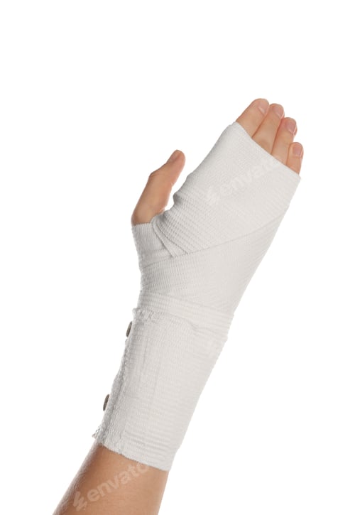 Preview: Woman with hand wrapped in medical bandage on white background, closeup