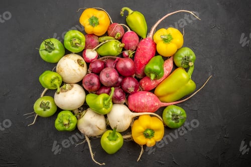 Preview: top view fresh vegetables on dark background ripe salad meal food healthy life diet