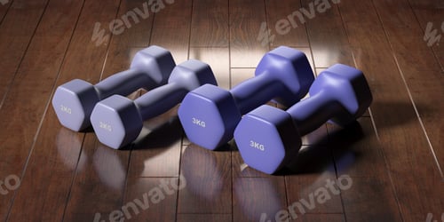 Preview: Dumbbells various weight and colors on wooden floor. 3d illustration