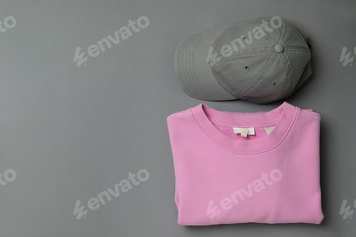 Preview: Sweatshirt and cap on gray background, space for text