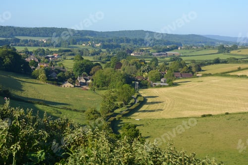 Preview: View from Donkey Lane Trail to hamlet of Oborne with Sherborne Castles in the distance, Dorset,