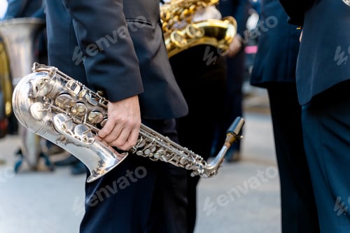 Preview: Band musicians with their instruments on the street. Typical music bands in Spain.