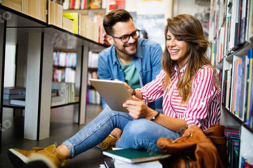 Preview: Group of students study at library. Learning and preparing for university exam