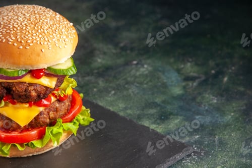 Preview: Half shot of delicious meat sandwich with tomatoes green on dark color tray on black background