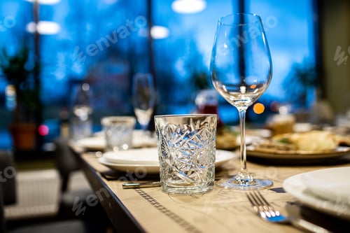 Preview: Empty glass set in restaurant. wedding, decor, celebration, holiday concept - romantic table setting