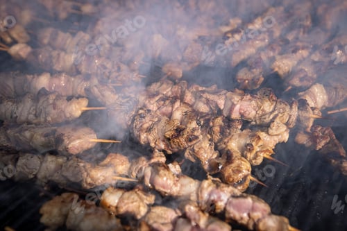 Preview: Traditional Turkish Food ; Sis kebap. Close up of sis kebap, on barbeque.