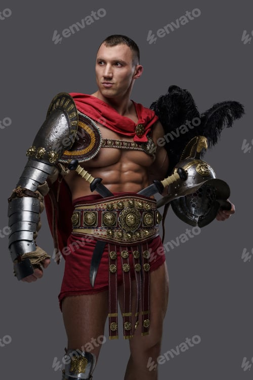 Preview: Muscular colosseum fighter holding helmet against grey background
