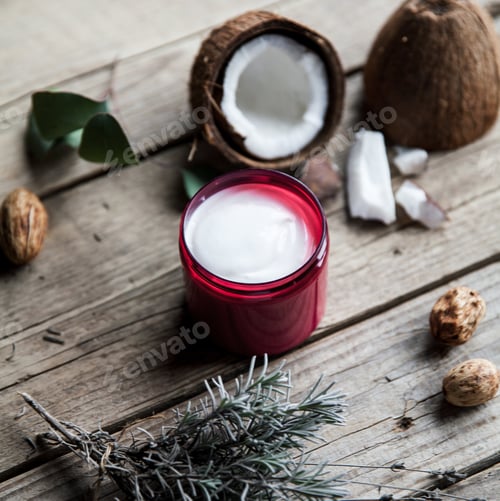 Preview: Organic cream on wooden background. Conditioner, shampoo for hair care. Natural cosmetics