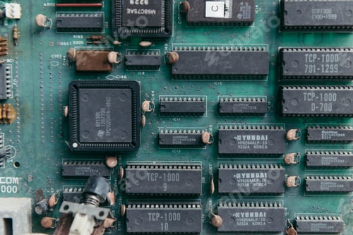 Preview: Closeup top view of the motherboard of an electronic device