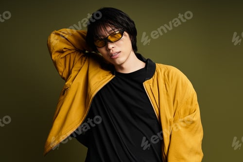 Preview: Stylish young asian man poses confidently in trendy outfit in modern studio space
