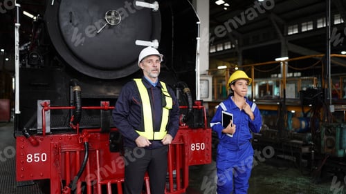 Preview: Portrait of engineer and apprentice in workshop of railway engineering facility