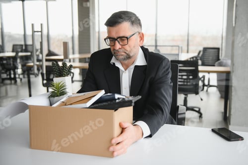 Preview: old employee leaving office with the box full of belongings