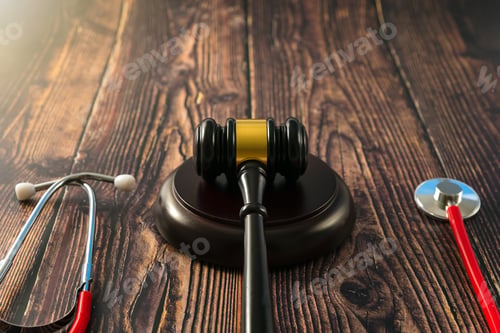 Preview: Concept of fraud in medical hospitals of america, judge tools seen from above.