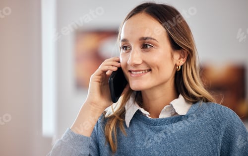 Preview: Happy woman in phone call, talking and conversation with contact at home. Smile of person on mobile