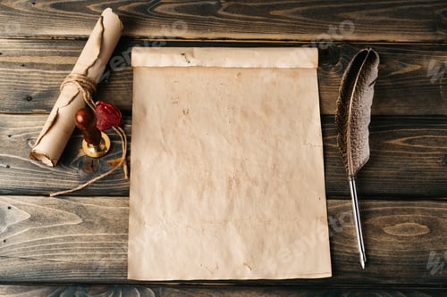 Preview: Quill pen and old paper sheet on wooden background