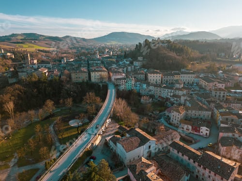 Preview: Aerial view of the medieval village of Pergola with urban buildings in Marche region, Pesaro, Urbino