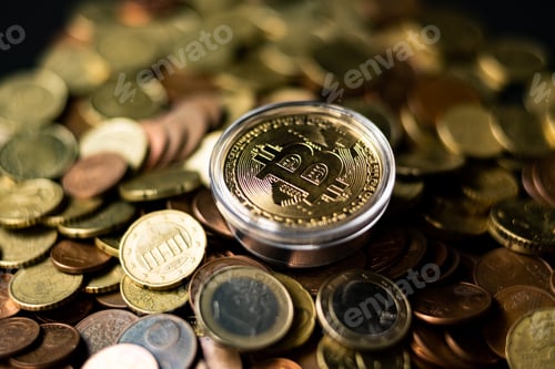 Preview: Bitcoin virtual money and fiat money coins Euro