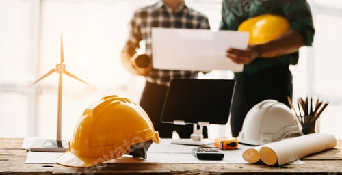 Preview: Engineer desk with object paper and tablet with blurry engineer teamwork hardworking