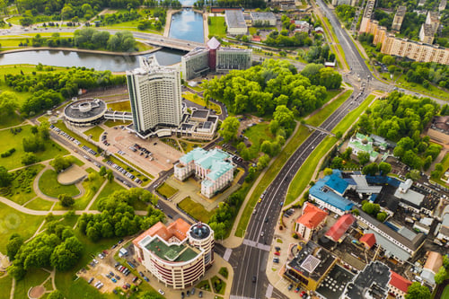 Preview: Top view of the Victory Park in Minsk and the Svisloch river and the hotel.A bird's-eye view of
