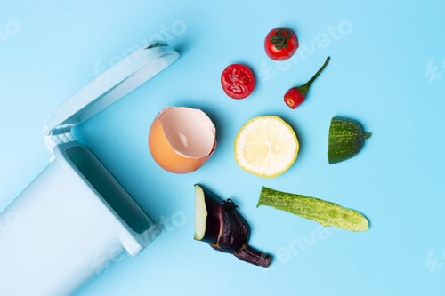 Preview: Organic waste and trash can on blue background, concept of garbage sorting