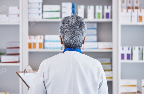 Preview: Back, pharmacy and checklist with woman in store for inventory, medicine and shelf stock. Retail, s
