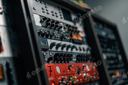 Preview: old displays of professional analog vu meters in a recording studio measuring and showing decibels