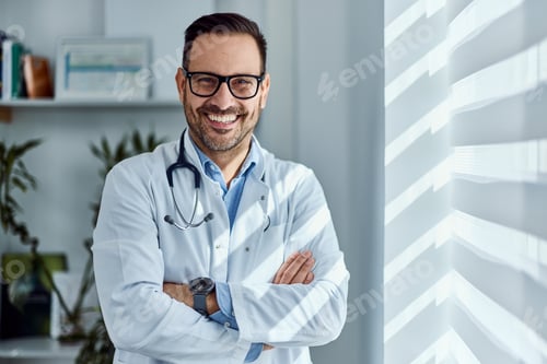 Preview: Smiling Professional Doctor Posing Confidently Inside a Bright Medical Office