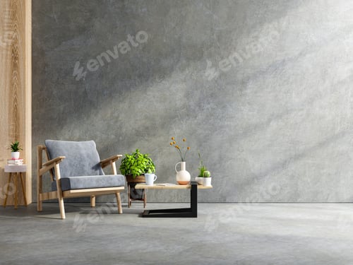 Preview: Armchair and a wooden table in living room interior with plant,concrete wall.